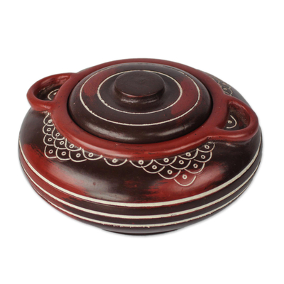 Wood decorative jar, 'Hold on to Love' - Handcrafted Dark Red and Brown Decorative Wood Jar with Lid