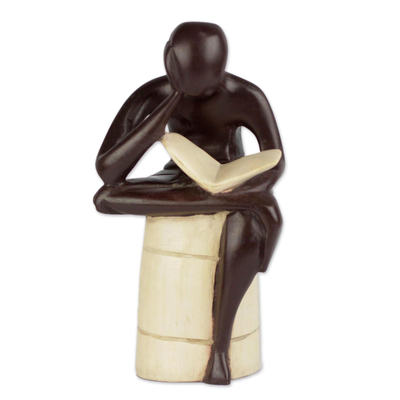 Wood sculpture, 'Thoughtful Reader' - Sese Wood Sculpture of a Reading Person from Ghana