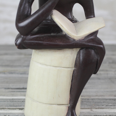 Wood sculpture, 'Thoughtful Reader' - Sese Wood Sculpture of a Reading Person from Ghana