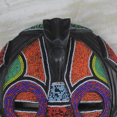 African beaded wood mask, 'Colorful Face' - Beaded Wood Bird-Themed Mask from Ghana