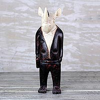 Wood sculpture, 'Cool Rhino' - Sese Wood Anthropomorphic Rhino Sculpure from Ghana