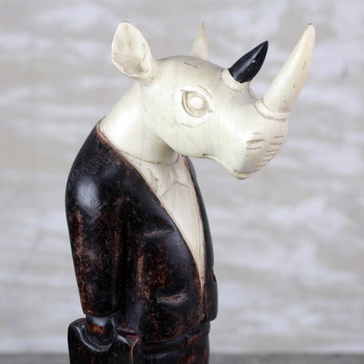 Wood sculpture, 'Cool Rhino' - Sese Wood Anthropomorphic Rhino Sculpure from Ghana