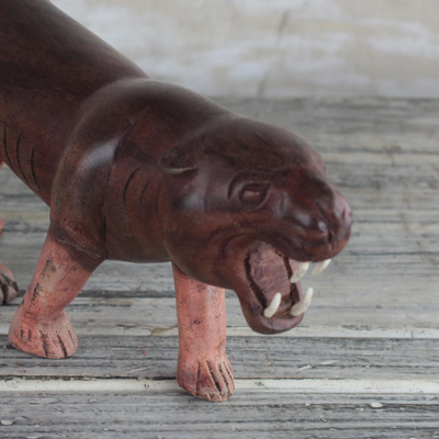 Wood sculpture, 'Roaring Leopard' - Mahogany Wood Leopard Sculpture from Ghana