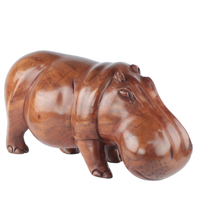 Escultura de madera de caoba, 'Soulful Hippo' - Escultura de hipopótamo de madera de caoba de Ghana