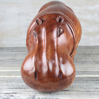 Escultura de madera de caoba, 'Soulful Hippo' - Escultura de hipopótamo de madera de caoba de Ghana