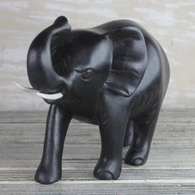 Wood sculpture, 'Friendly Mother' - Hand-Carved Mahogany Wood Elephant Sculpture from Ghana