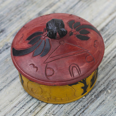 Wood decorative jar, 'Village Keeper' - Colorful Sese Wood Decorative Jar from Ghana