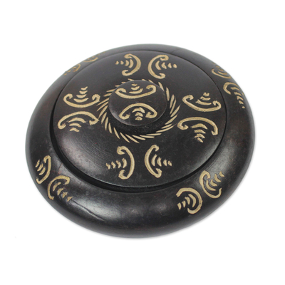 Wood decorative jar, 'Black Keeper' - Sese Wood Decorative Jar in Black from Ghana