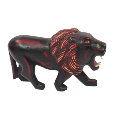 Wood sculpture, 'Maroon Lion' - Sese Wood Lion Sculpture in Maroon from Ghana