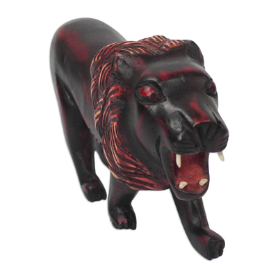 Wood sculpture, 'Maroon Lion' - Sese Wood Lion Sculpture in Maroon from Ghana