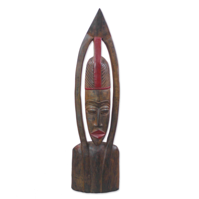 African wood mask, 'Upward Direction' - Brown with Red Accent Elongated Face Wood Mask