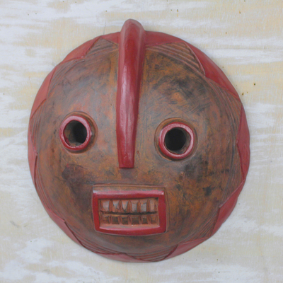 African wood mask, 'Foresee' - Round Brown and Red African Wood Wall Mask from Ghana