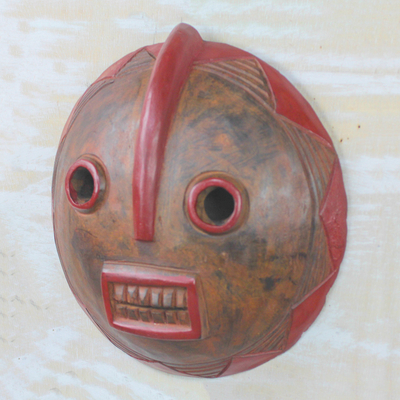 African wood mask, 'Foresee' - Round Brown and Red African Wood Wall Mask from Ghana
