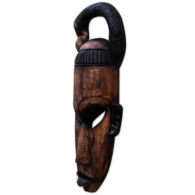 African wood mask, 'Sankofa Man' - Sankofa Motif Golden Brown Wood Decorative Wall Mask