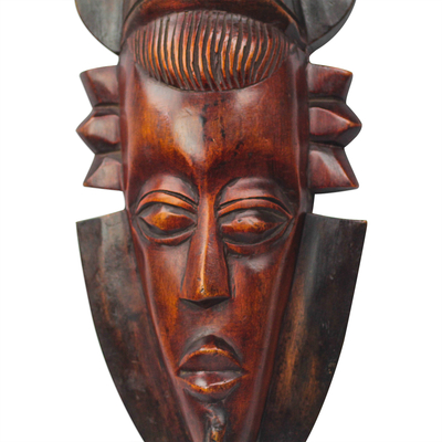 African wood mask, 'Horned Crown' - Brown African Sese Wood Mask from Ghana