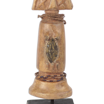 Wood sculpture, 'Pensive Fante Woman' - Hand-Carved Wood and Glass Bead Fante Woman Sculpture