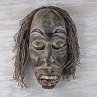African wood mask, 'Friendly Kwagyei' - Rustic African Wood and Jute Mask from Ghana