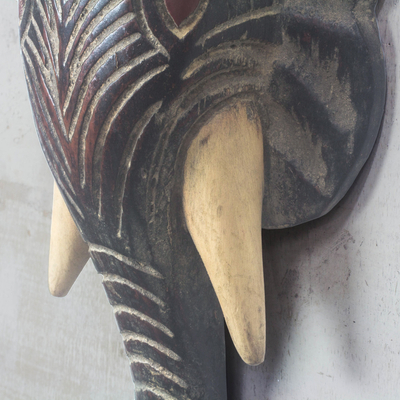 African wood mask, 'Elephant Welcome' - Rustic African Sese Wood Wall Mask from Ghana