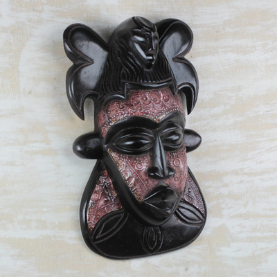 African wood mask, 'Bold King' - Sese Wood and Aluminum African Mask from Ghana