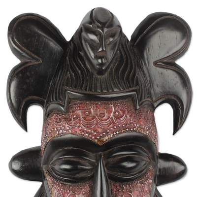 African wood mask, 'Bold King' - Sese Wood and Aluminum African Mask from Ghana