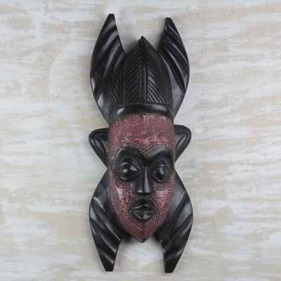African wood mask, 'Grandeur of Ghana' - Sese Wood and Aluminum Repousse Fair Trade African Mask