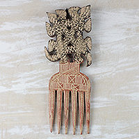 Wood decorative comb, 'Rustic Funtumfumfu' - Decorative Sese Wood Adinkra Comb from Ghana