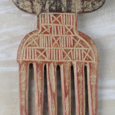 Wood decorative comb, 'Dwennimmen Style' - Wood Adinkra Dwennimmen Comb Wall Decor from Ghana