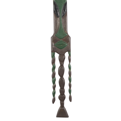 Wood wall sculpture, 'African Queen' - Wood Wall Sculpture of a Brown and Green Mask from Ghana