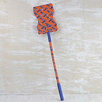 Cotton and wood fan, 'Blue Bundles' - Blue and Orange Cotton and Wood Long Fan from Ghana