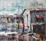 'Slum Vicinity' - Signed Impressionist Painting of a Ghanaian Slum