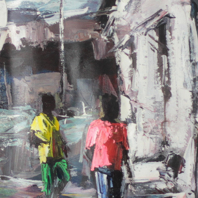 „Slum-Umgebung“. - Signiertes impressionistisches Gemälde eines ghanaischen Slums