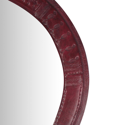 Leather wall mirror, 'Majestic Window' - Handmade Round Leather Wall Mirror Crafted in Ghana