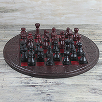 Leather chess set, 'Burgundy Battle' - Leather Chess Set in Burgundy and Black from Ghana