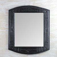 Leather wall mirror, 'Embossed Africa' - Handcrafted Leather Wall Mirror in Black from Ghana