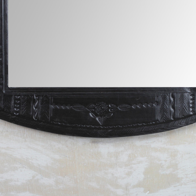 Leather wall mirror, 'Embossed Africa' - Handcrafted Leather Wall Mirror in Black from Ghana