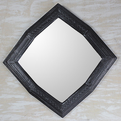 Leather wall mirror, 'Black Gem' - Handmade Black Leather Wall Mirror from Ghana
