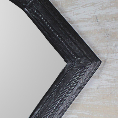 Leather wall mirror, 'Black Gem' - Handmade Black Leather Wall Mirror from Ghana