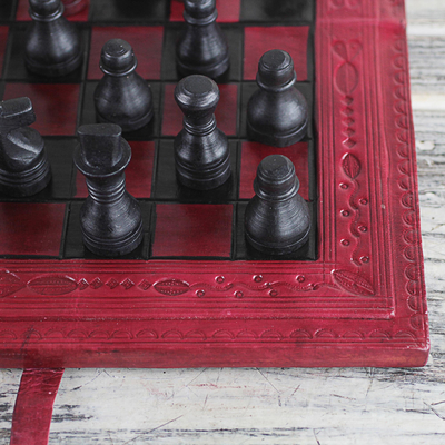 Leather travel chess set, 'Strategic Mind' - Leather Travel Chess Set in Red and Brown from Ghana
