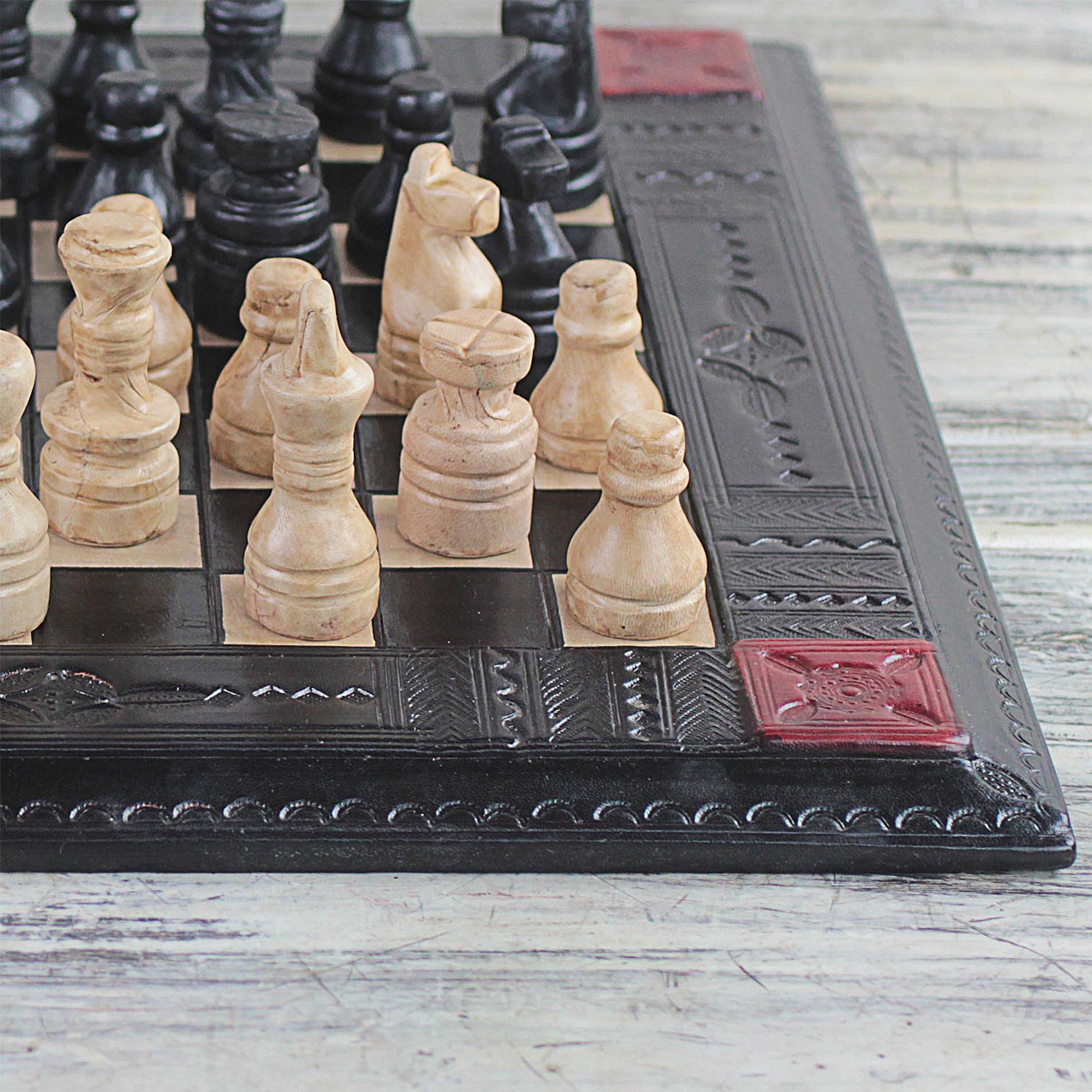 Handmade Leather Chess Set from Ghana Sophisticated Battle NOVICA