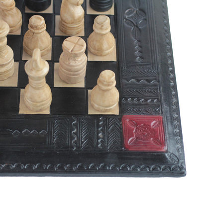 Leather chess set, 'Sophisticated Battle' - Handmade Leather Chess Set from Ghana