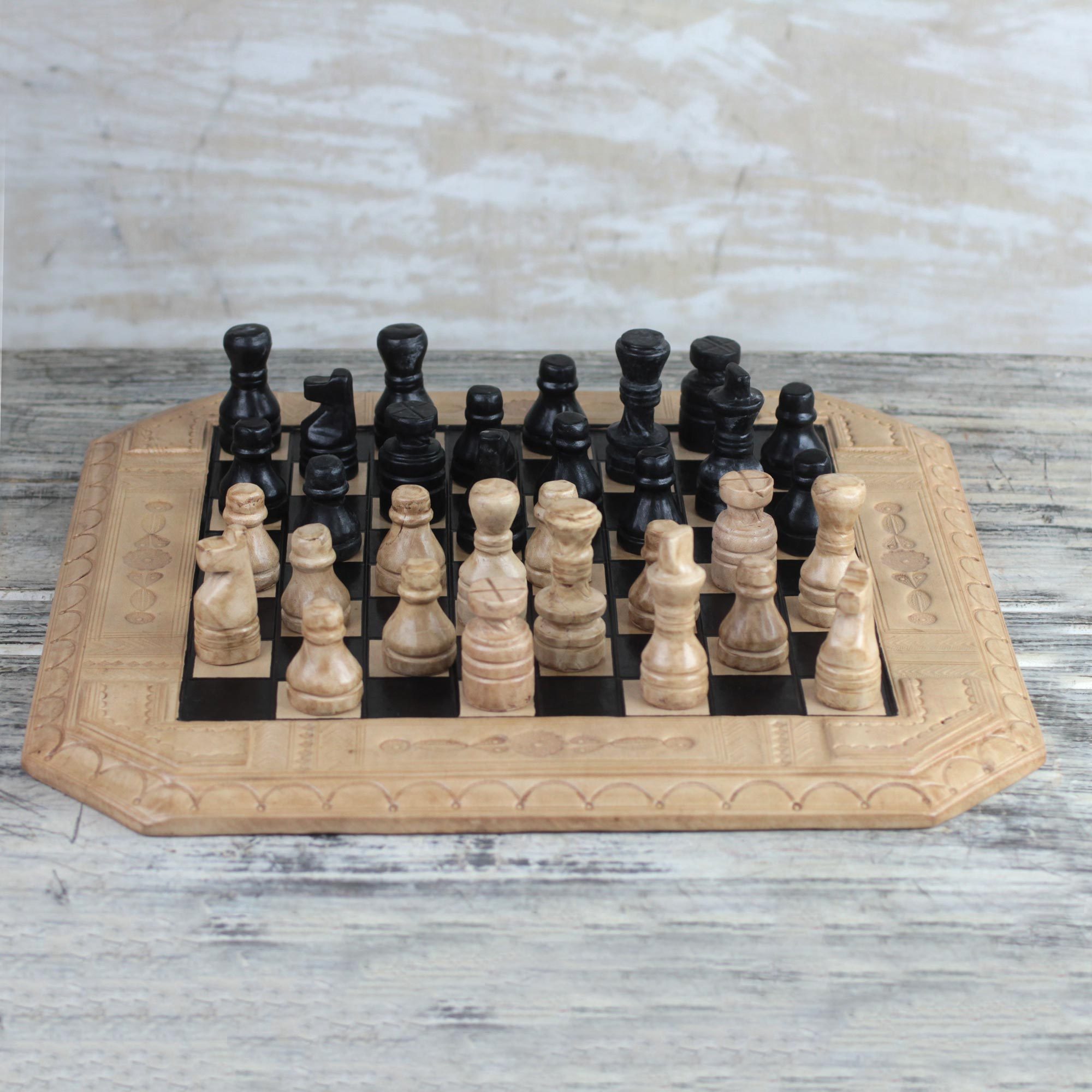 Leather Chess Set in Beige and Black from Ghana Regal Battle NOVICA