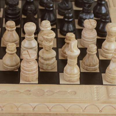 Leather chess set, 'Regal Battle' - Leather Chess Set in Beige and Black from Ghana
