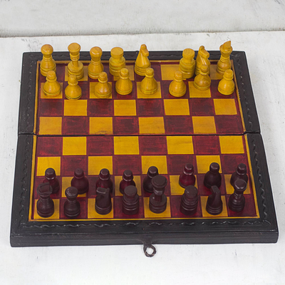 Leather travel chess set, 'Royal Battle' - Red and Yellow Leather Travel Chess Set from Ghana