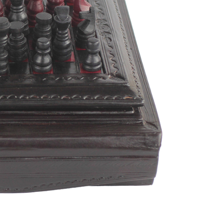 Leather chess set, 'Dark Battle' - Handmade Leather Chess Set with Box from Ghana