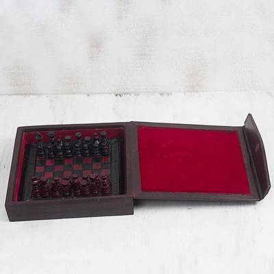 Leather chess set, 'Dark Battle' - Handmade Leather Chess Set with Box from Ghana