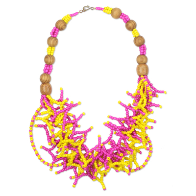 Recycled glass statement necklace, 'Neon Branches' - Bright Recycled Glass Beaded Statement Necklace
