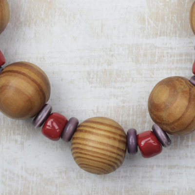 Wood and recycled glass beaded stretch bracelet, 'Wooded Path' - Sese Wood and Recycled Glass Beaded Stretch Bracelet