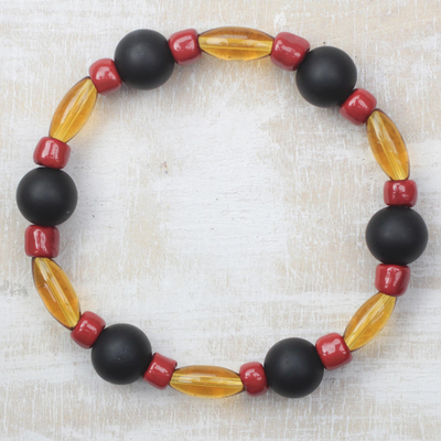 Recycled glass beaded stretch bracelet, 'Unending Affection' - Black Red and Honey Brown Recycled Glass Stretch Bracelet
