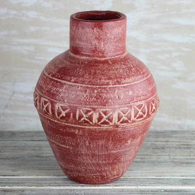 Ceramic vase, 'Cross Jar' - Ceramic Vase from Ghana in Red