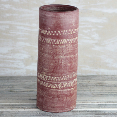 Ceramic vase, 'Straight Dede' (13 inch) - Cylindrical Ceramic Vase in Red from Ghana (13 inch)